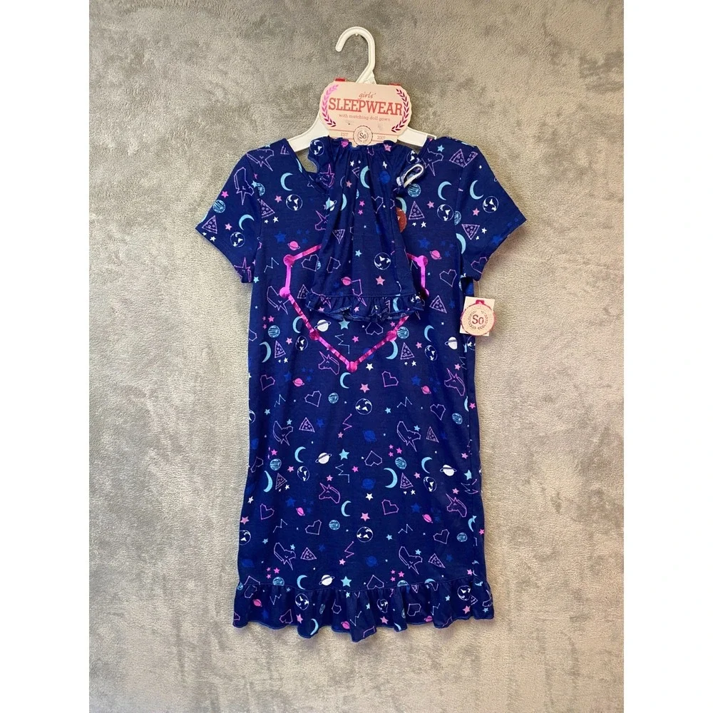 SO Girls Sleepwear Nightgown Doll Gown Size 12 Space Unicorn Moon Stars NWT